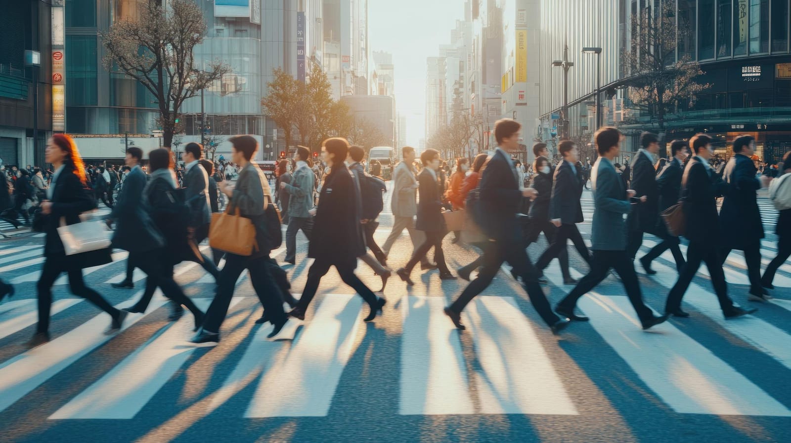 朝の東京で広い横断歩道を渡るスーツ姿の通勤者たち